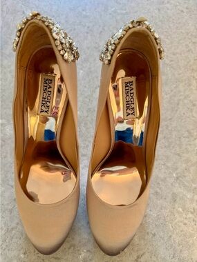 Badgley Mischka Nude Blush Satin Jeweled Pointed Pumps
